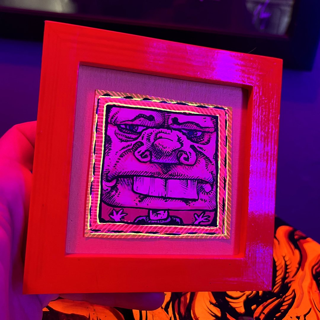 Phace Drawling # 222: Small Post it note drawing in a frame. bright colored small art by Local Los Angeles Artist.