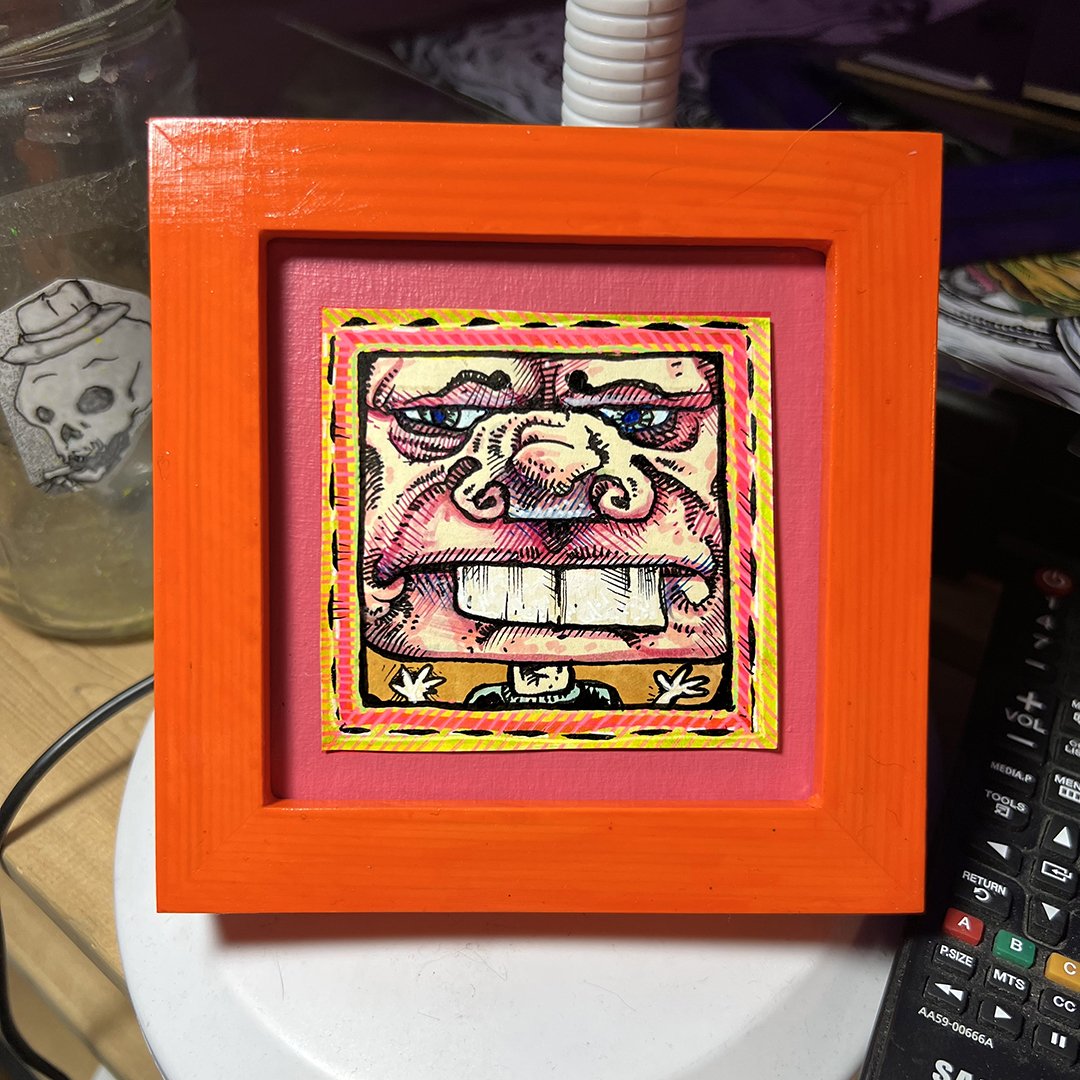 Phace Drawling # 222: Small Post it note drawing in a frame. bright colored small art by Local Los Angeles Artist