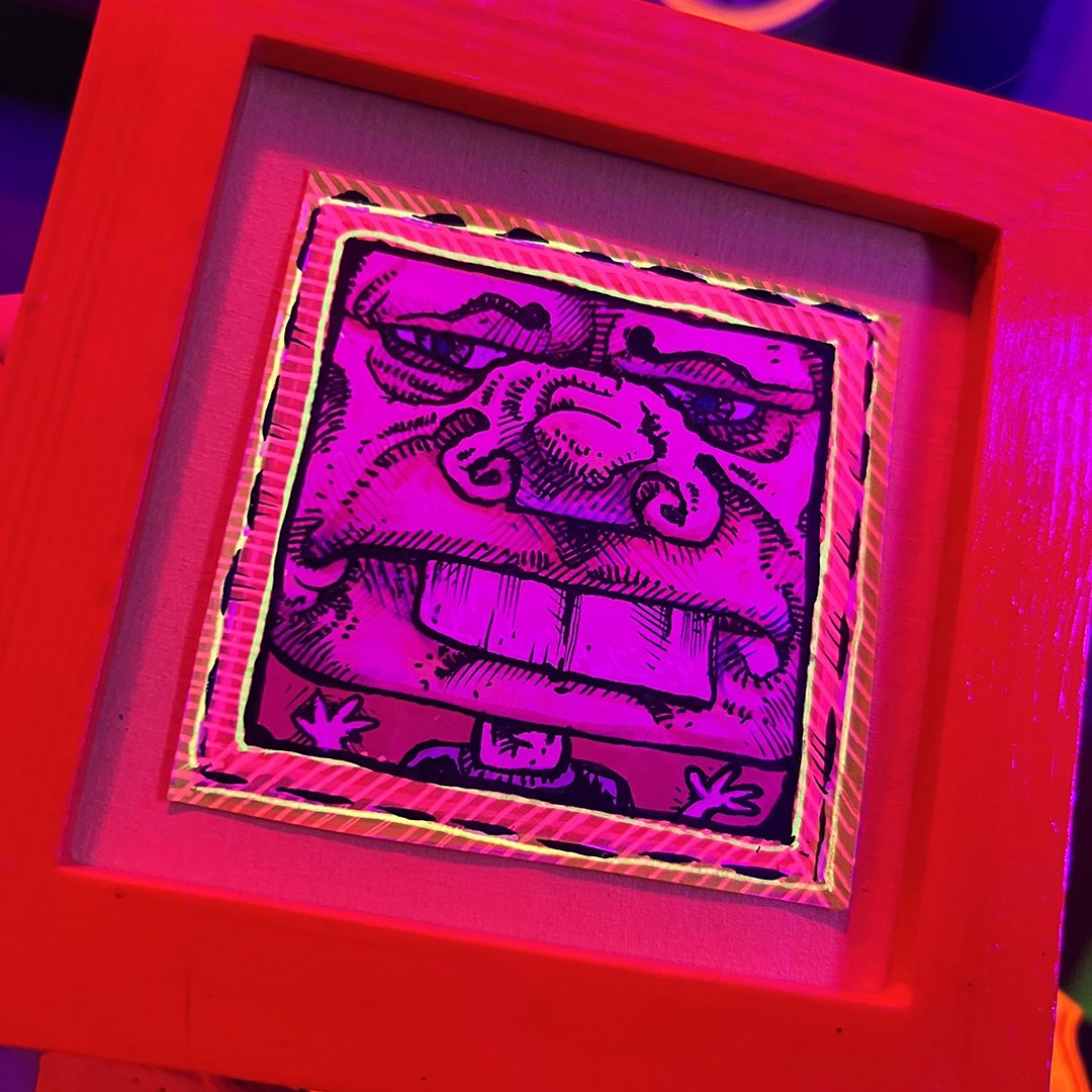 Phace Drawling # 222: Small Post it note drawing in a frame. bright colored small art by Local Los Angeles Artist.