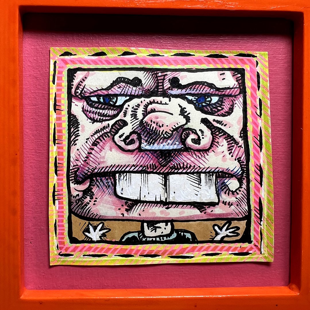 Phace Drawling # 222: Small Post it note drawing in a frame. bright colored small art by Local Los Angeles Artist.