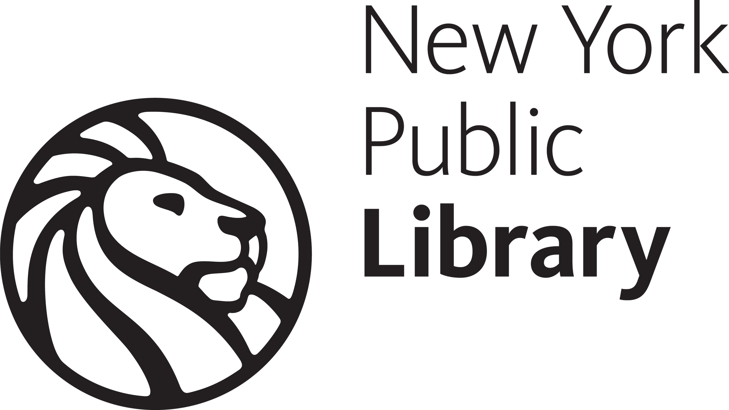 Logo of the New York Public Library featuring a stylized lion's head in black and white with text beside it reading 'New York Public Library'.