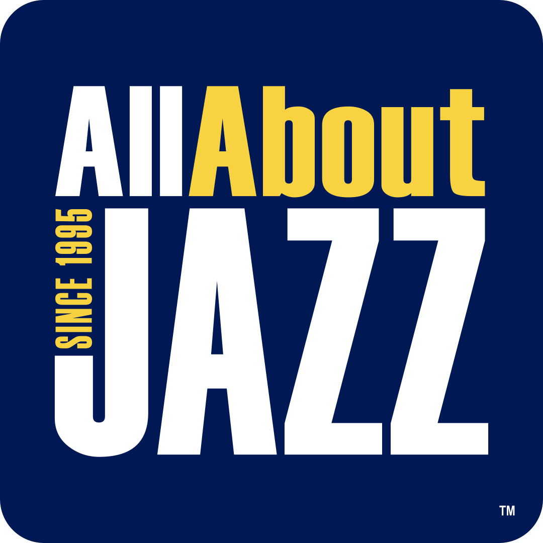 Text graphic with navy background displaying the phrase "All About Jazz" in large white and yellow letters, with "Since 1995" written vertically on the left side.