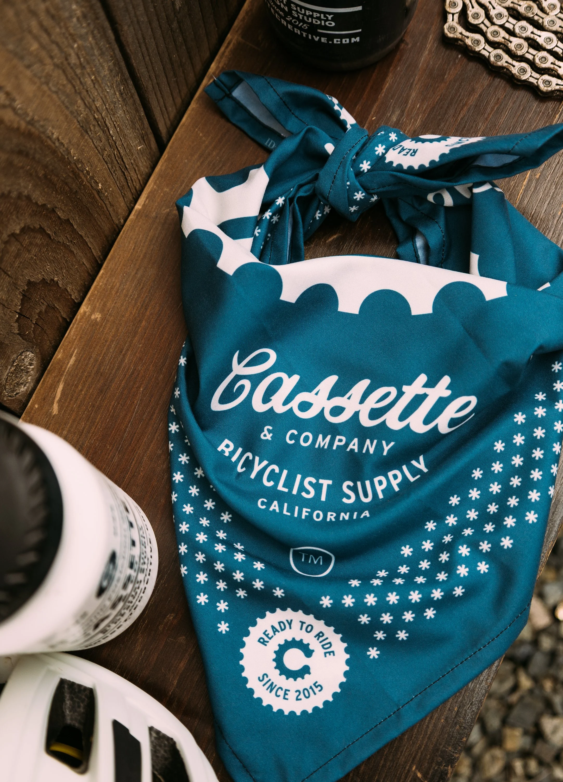 catalog photo of bandana on wood shelf