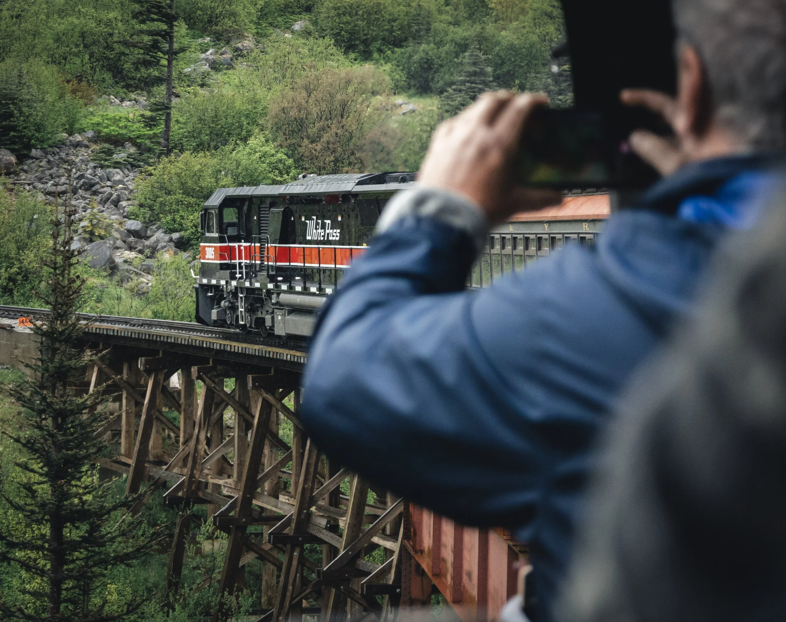 travel photo as the train crosses a raised bridge in alaska