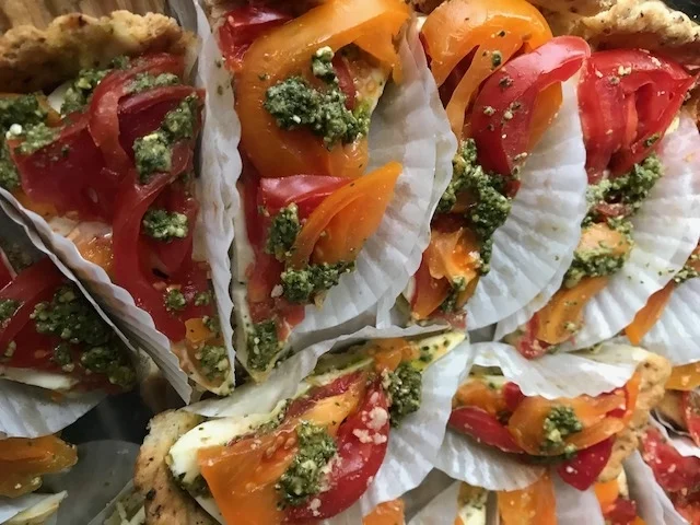 Heirloom tomato tart with pine nut pesto
