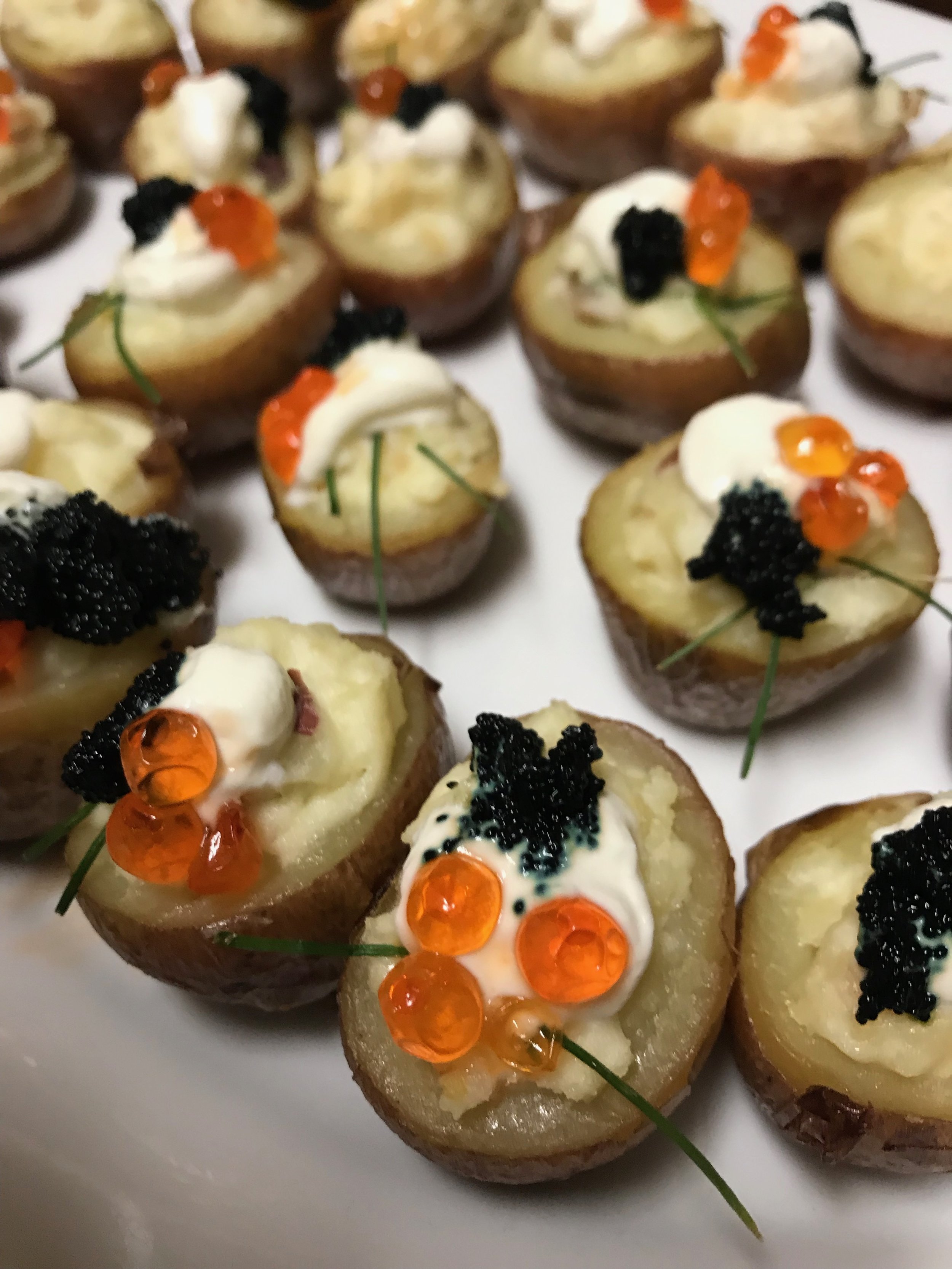 New potatoes Duchesse with NW Echo Falls Salmon caviar and Icelandic Capelin caviar