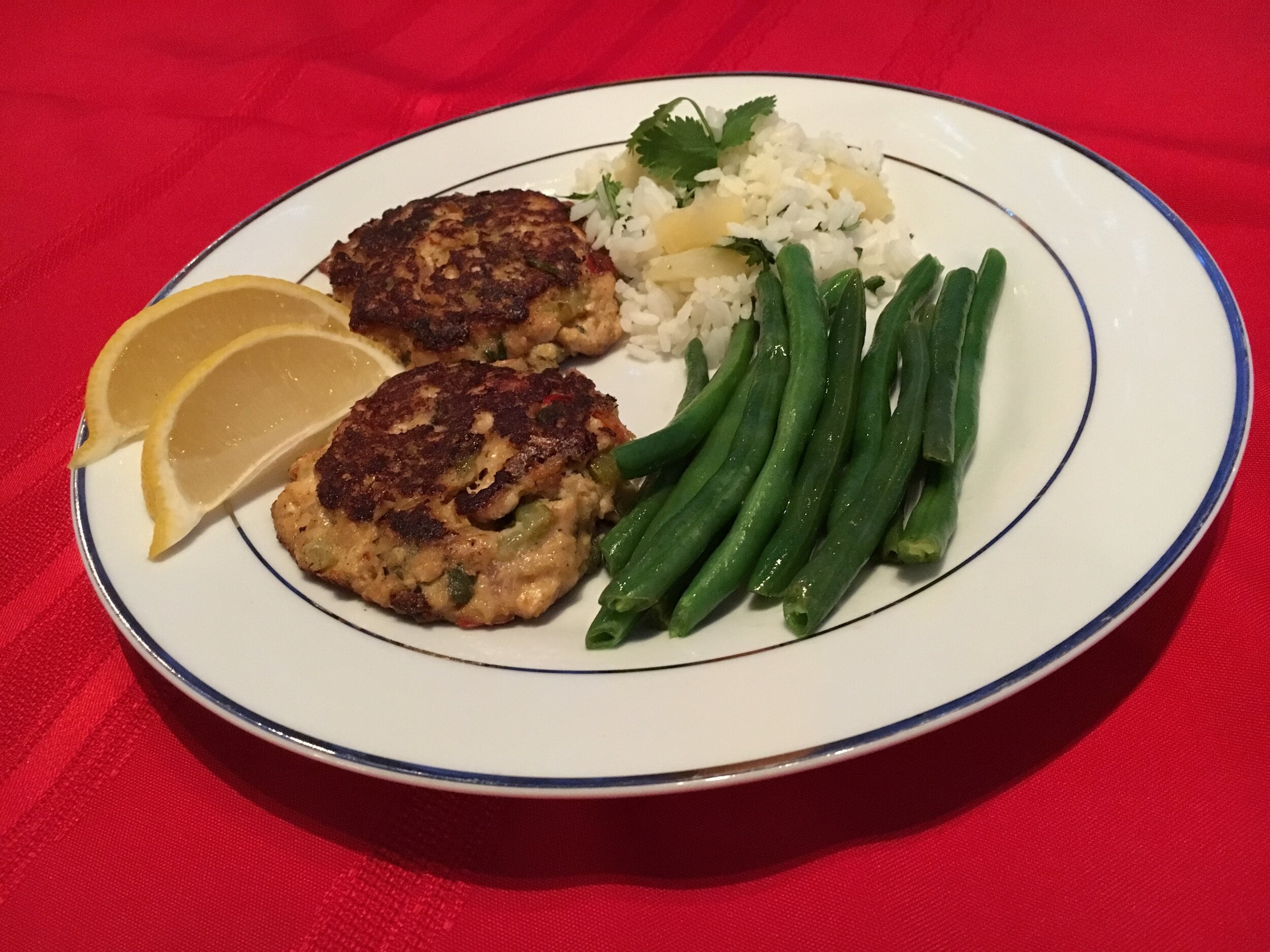 Salmon cakes pineapple rice green beans.jpg