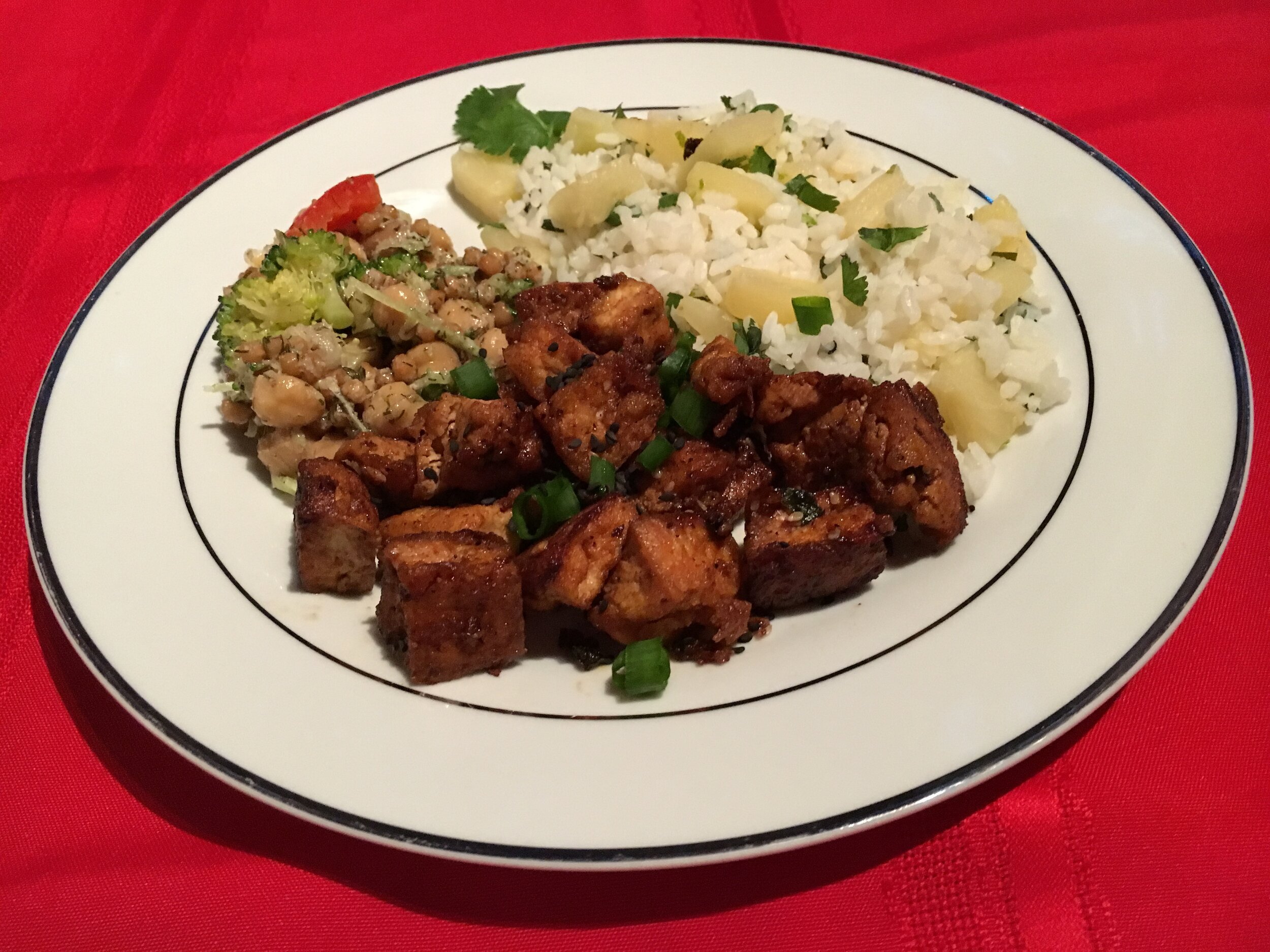 Korean braised tofu pineapple rice chickpea broc salad.jpg