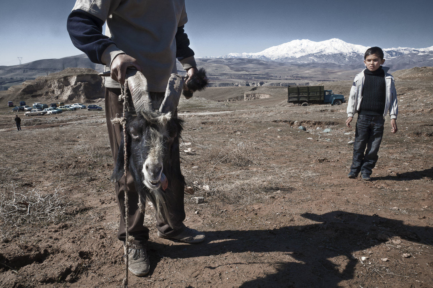  A young boy looks on in surprise at the decapitated head of a goat, freshly slaughtered for a game of buzkashi - a sort of proto-polo played with a goat carcass, few rules and no teams. 