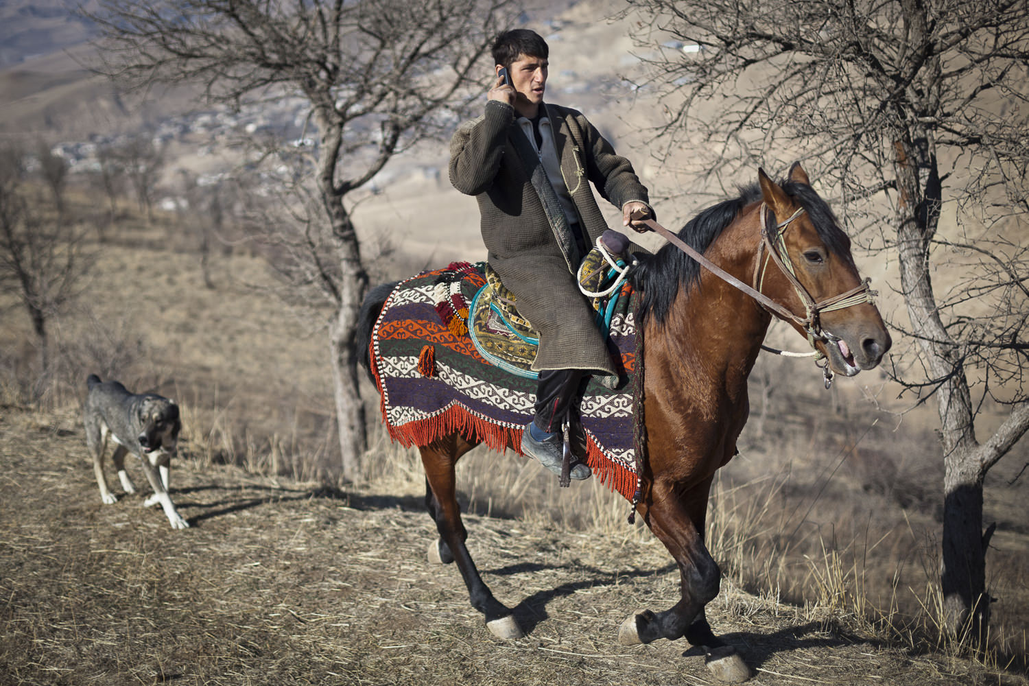  Ahlidin, one of 5 sons in a professional buzkashi playing family, discusses the weekend's buzkashi matches with friends on his cellphone in the mountains above Dushanbe, Tajikistan's capital. 