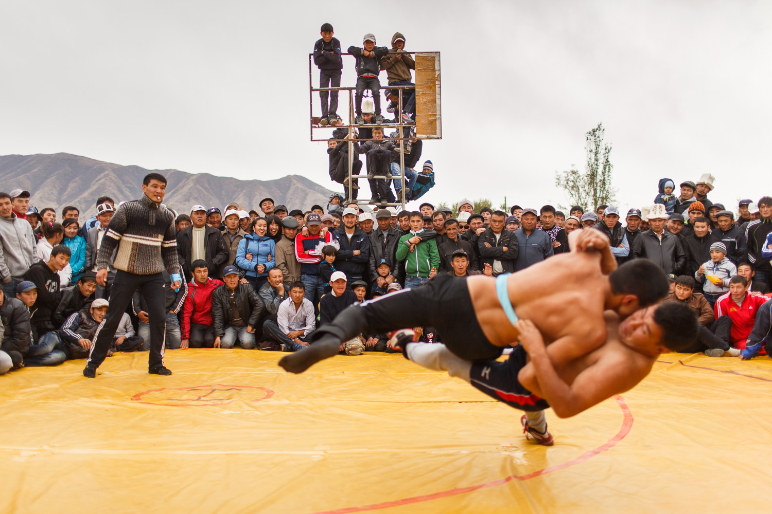  Kyrgyz wrestlers at a village celebration in Ak Bulak, eastern Kyrgyzstan 