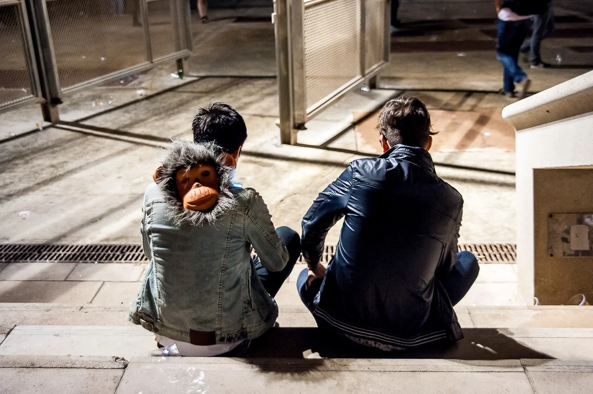 Festival goers with monkey mask, Primavera Sound, Parc del Forum, Barcelona, Catalonia, Spain, 28/05/2015 © Dosfotos