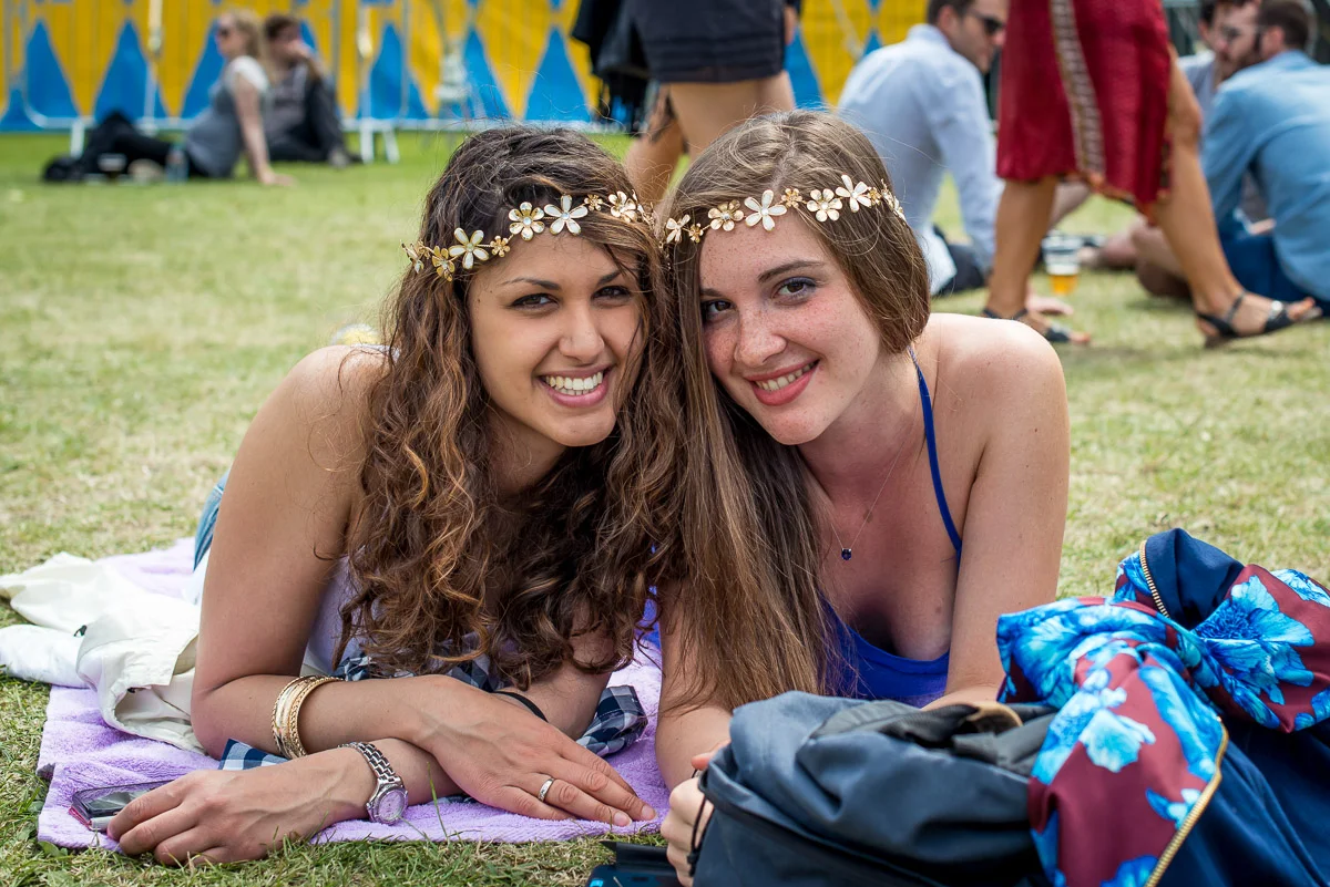 Festival goers wearing flower headbands, Field Day, Victoria Park, London, UK, 06/06/2015 © Dosfotos