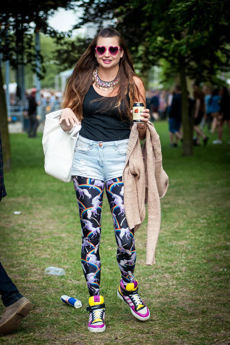 Festival goer wearing unicorn leggings, Field Day, Victoria Park, London, UK, 06/06/2015 © Dosfotos