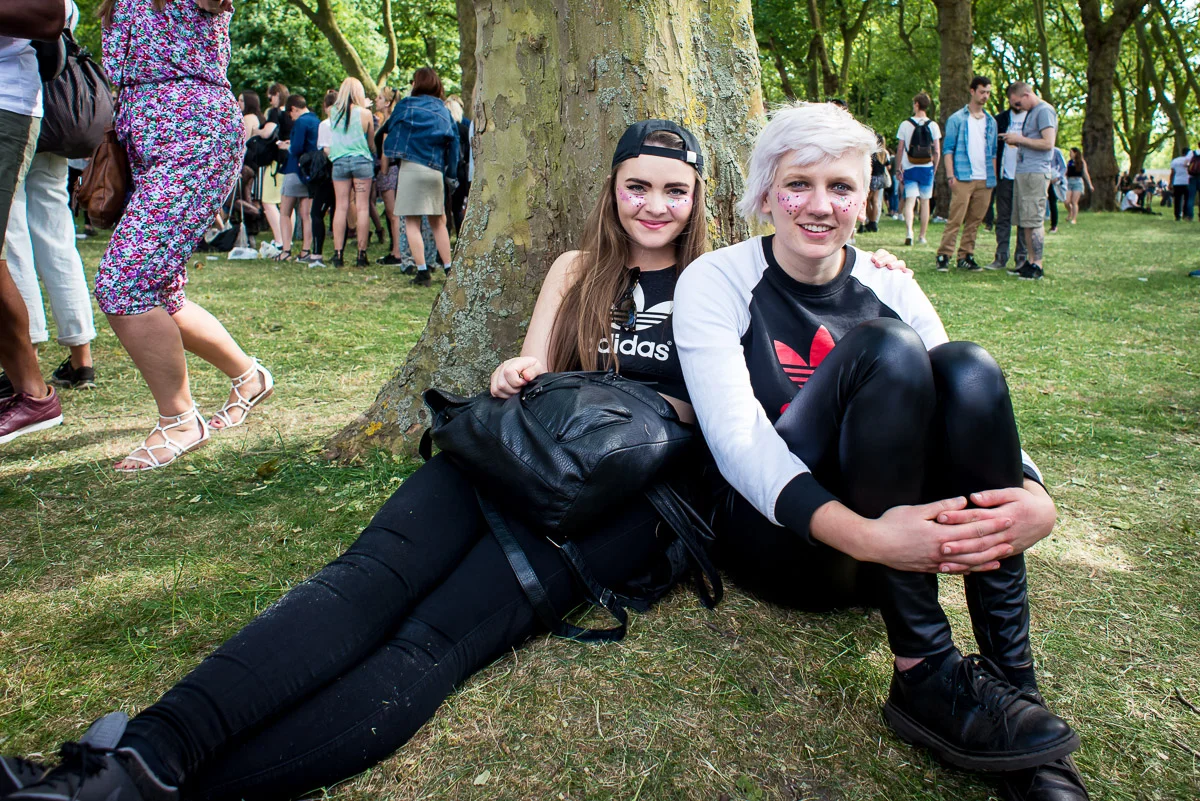 Festival goers wearing Adidas t-shirts, Field Day, Victoria Park, London, UK, 06/06/2015 © Dosfotos