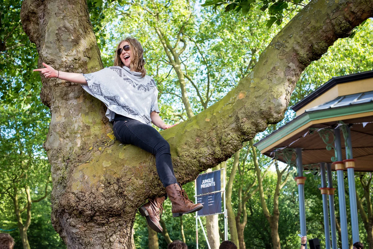 Festival goer on a tree, Field Day, Victoria Park, London, UK, 06/06/2015 © Dosfotos
