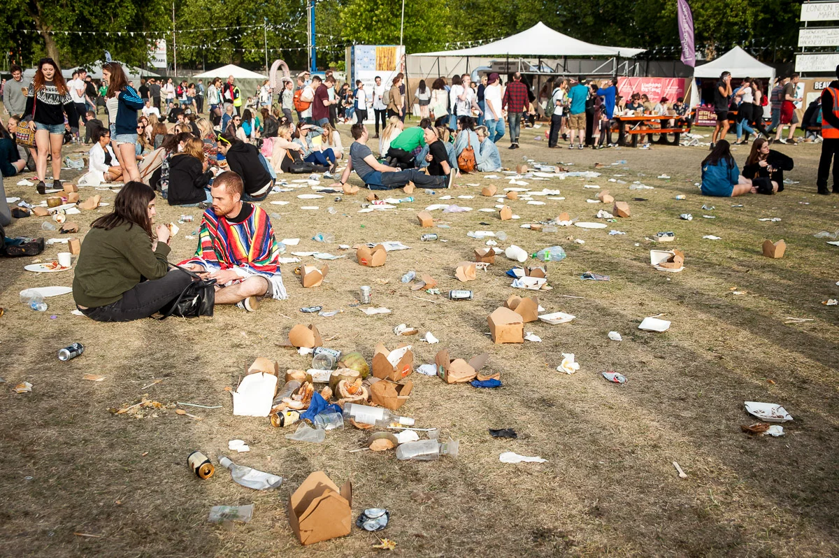 Rubbish left behind, Field Day, Victoria Park, London, UK, 06/06/2015 © Dosfotos