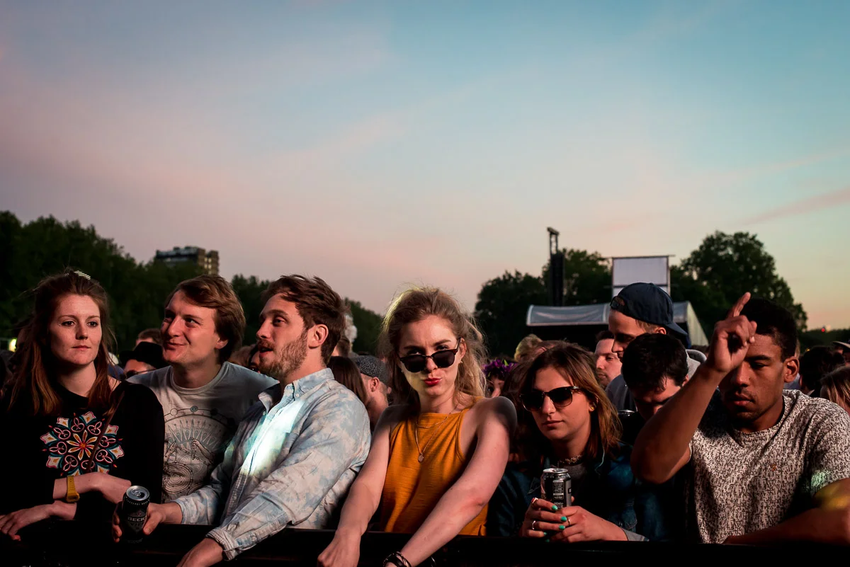 Festival goer at the front row possing for the camera, Field Day, Victoria Park, London, UK, 06/06/2015 © Dosfotos
