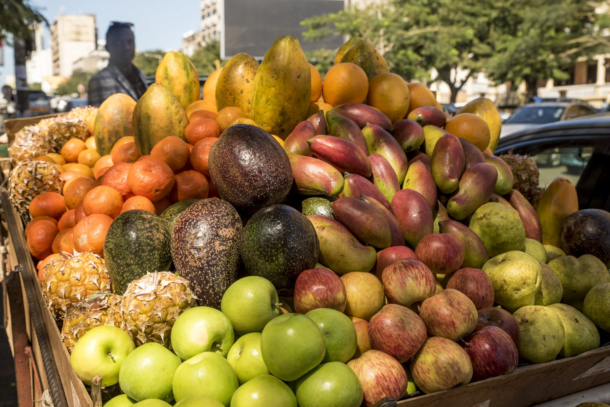 Cart full of fruits and vegetables for sale in a street in Maputo, Mozambique, 28/08/2016 © Dosfotos