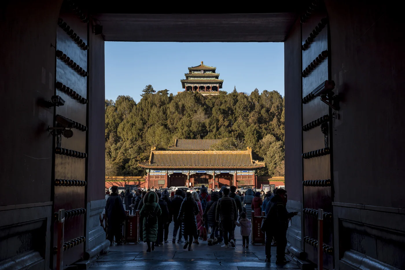 View of the Pavillion at Jingshan Park as seen from the Forbidden City, Beijing, China © Dosfotos