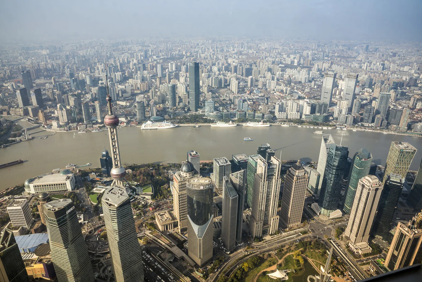View from the observation deck at the Shanghai Tower, a 632 metre and 128 story megatall skyscraper in Lujiazui, Pudong, Shanghai, China © Dosfotos