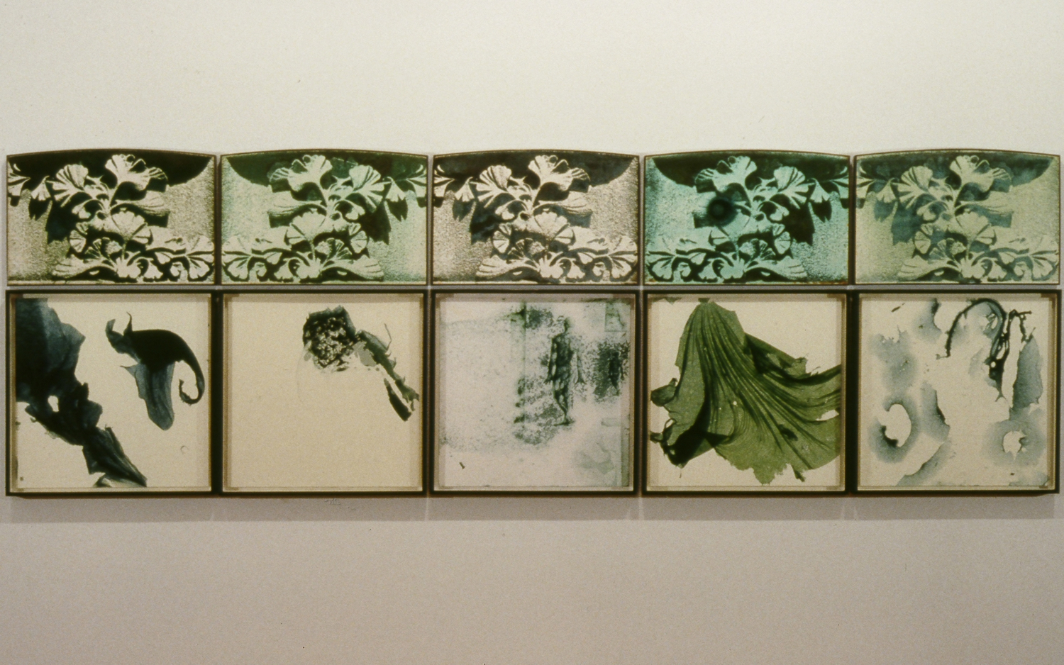 The Exquisite Genetic Vale Meets Tradition in Sculpture, 1992, 90"x30"x2", iron and bronze powder on plaster, Cyanobacteria on board        