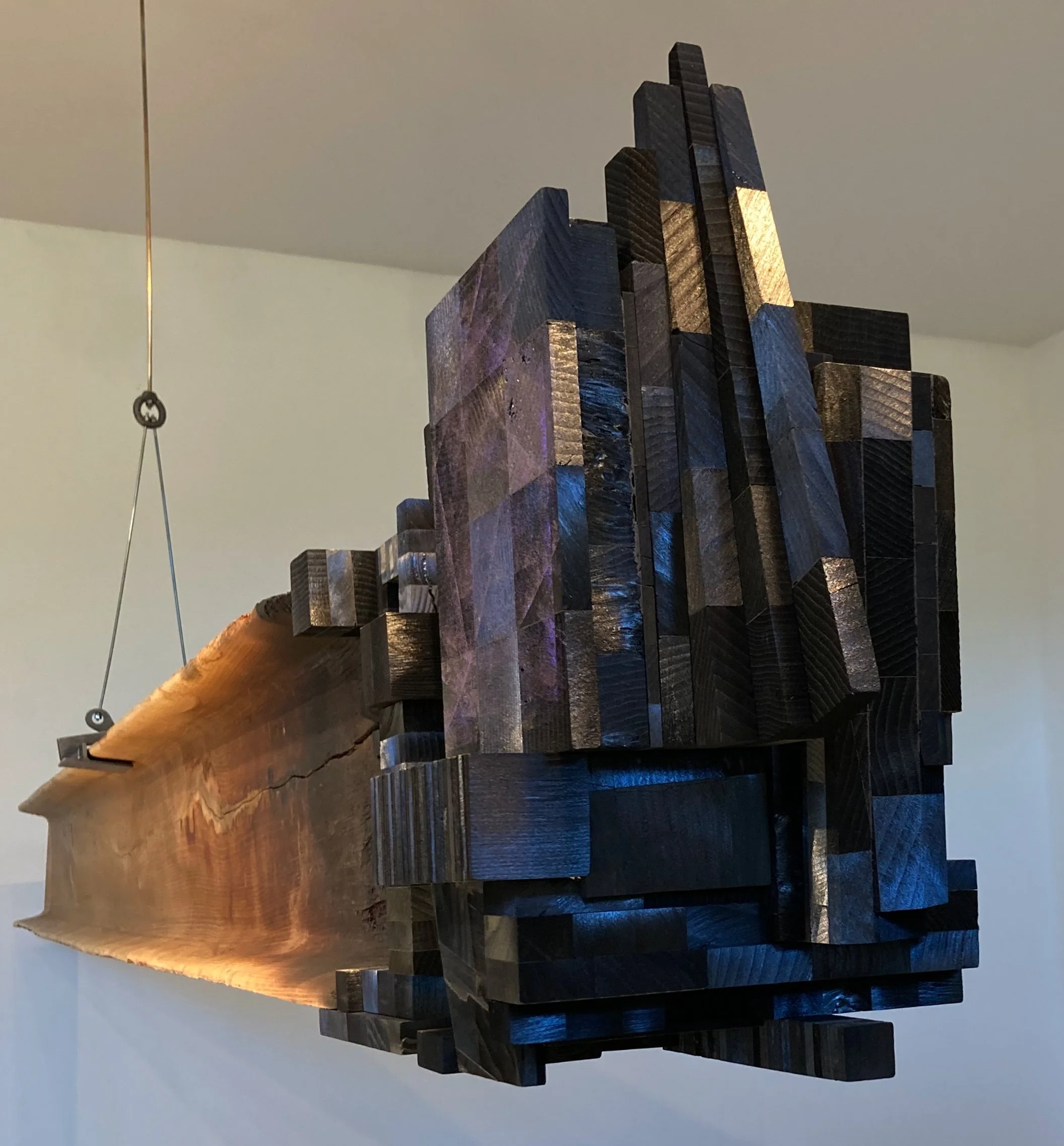 "I", 144"x12"x10", Black Locust, charcoal, chitin scales from, Morpho agea, Morpho anaxibia, steel