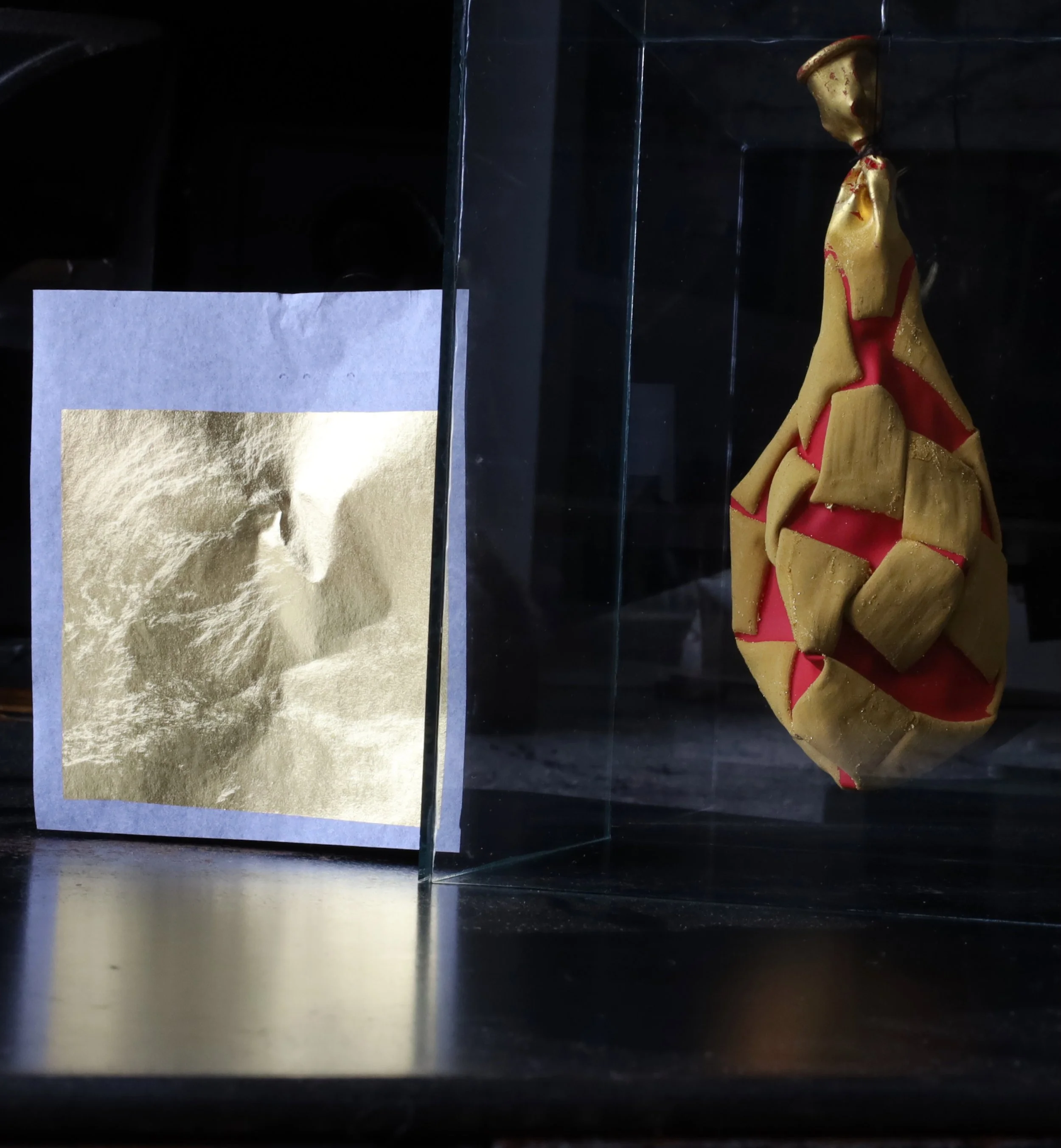 "Gold Leaf Balloon Interaction 2", deflated with 3'x3" gold leaf