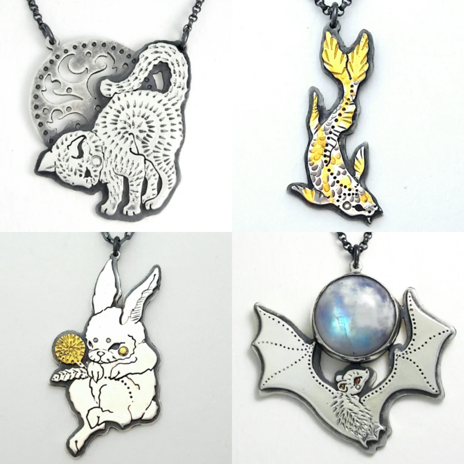 "Tiny Familiar II", gold and silver koi talisman, "Dandelion Thief", "Love Within a Blue Moon"
