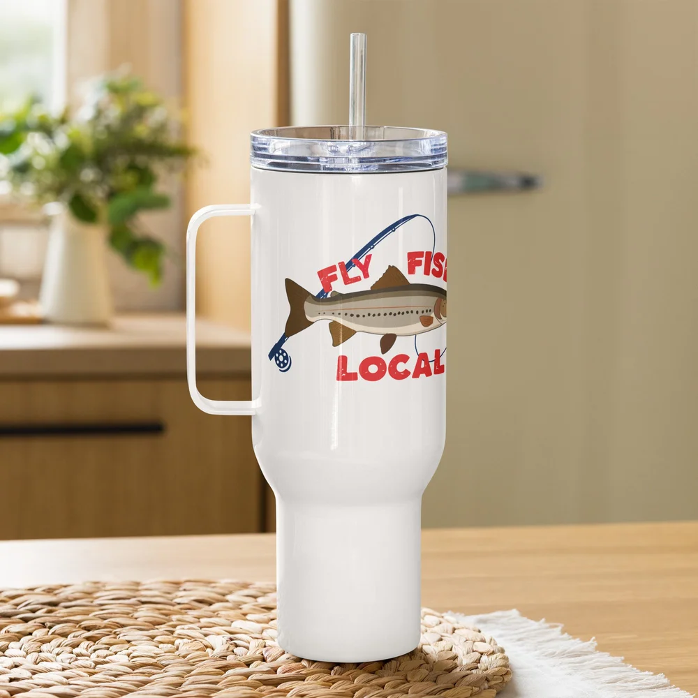 Fly Fish Local Travel Mug with Handle and Spill-Proof Lid  Trout & Feather