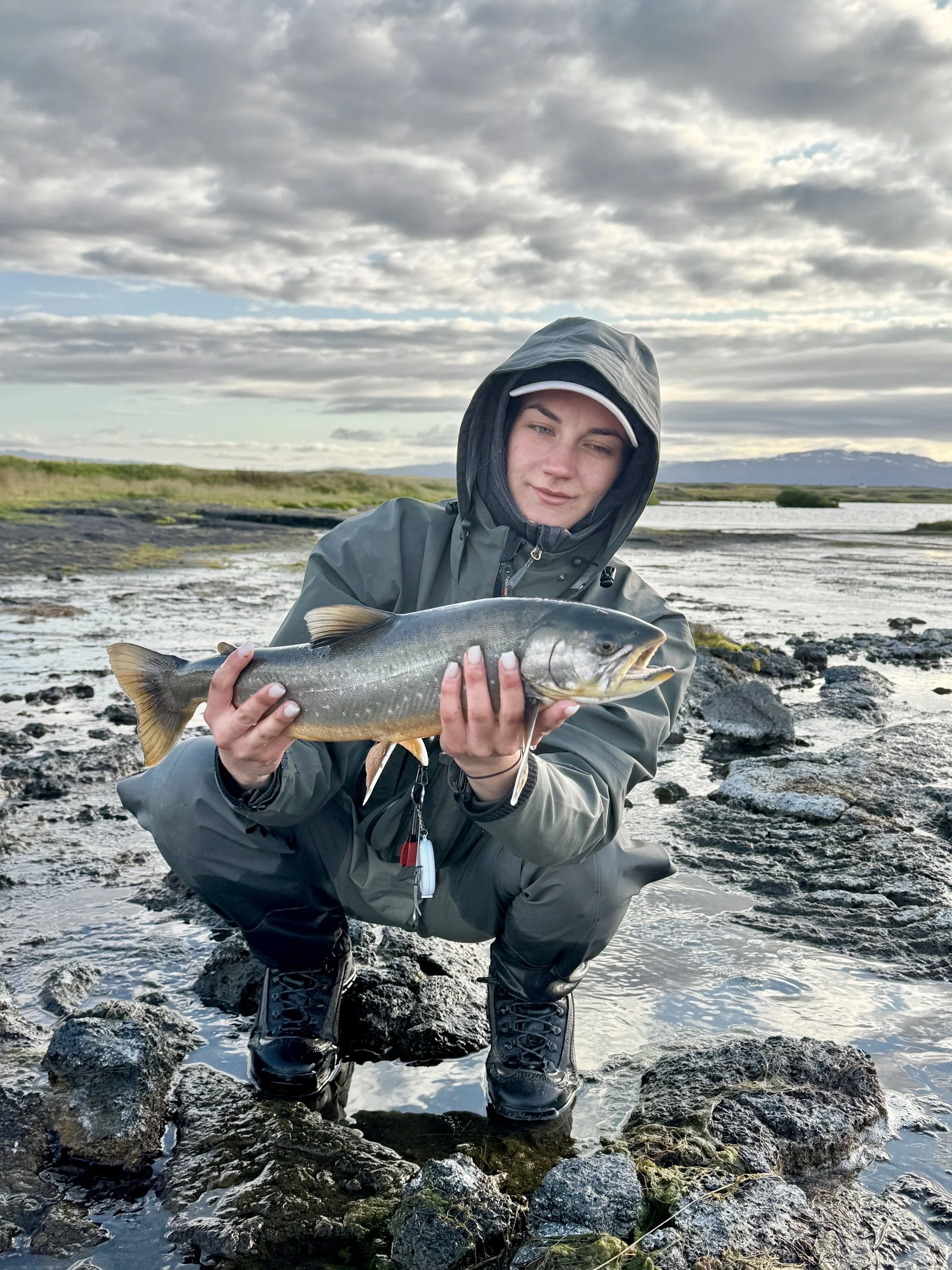 Marie with an Arctic char on Litlaa!