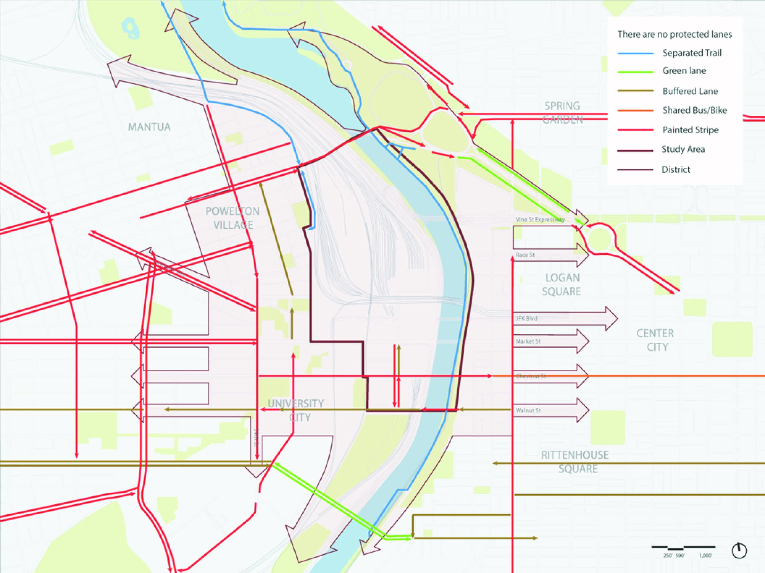    Bicycle Network:    The District’s bicycle network extends through much of the study area however there are critical gaps that must be filled to complete the network.&nbsp;  