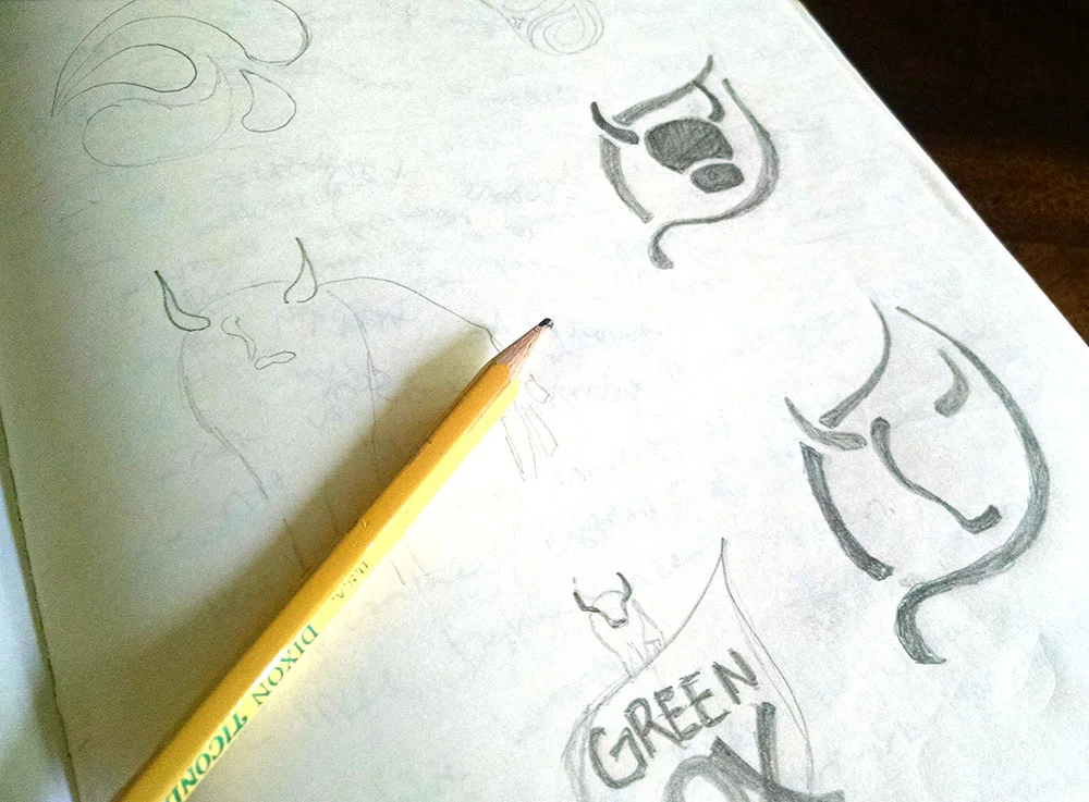Initial sketches for Green Ox cleaning product logo.