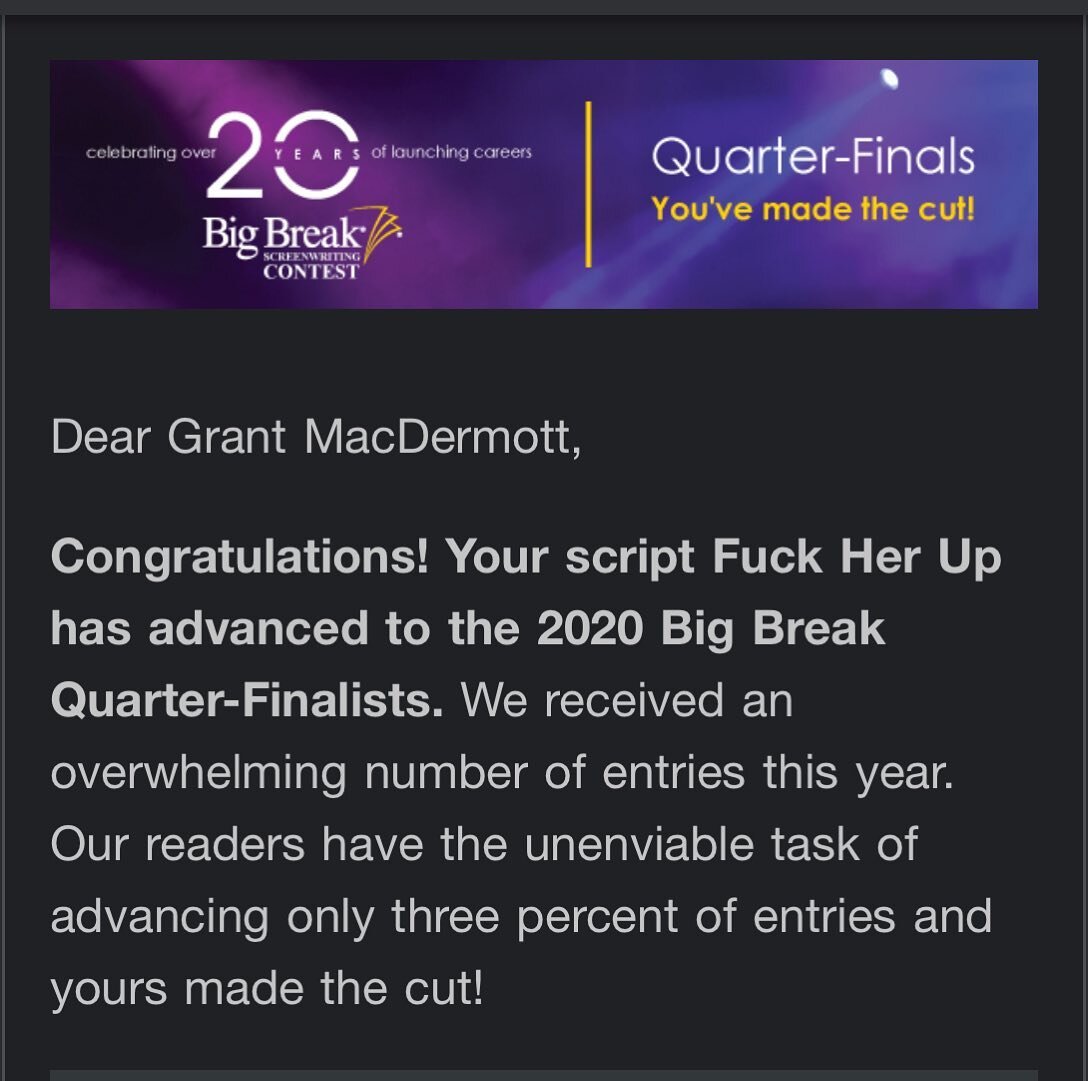 Quarter-finalist in the 2020 Big Break contest from @finaldraftscreenwriting. So excited!! #screenwriting #writer