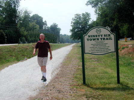 Ninety Six Town Trail is 1.5 miles long and runs along Highway 34 through the middle of Ninety Six. The Trail starts at Ninety Six City Limits on Highway 34 toward Greenwood and ends at Ninety Six City Limits on Highway 34 toward Newberry. The Trail is beautifully landscaped,marked with signage, and lined with rock dust.