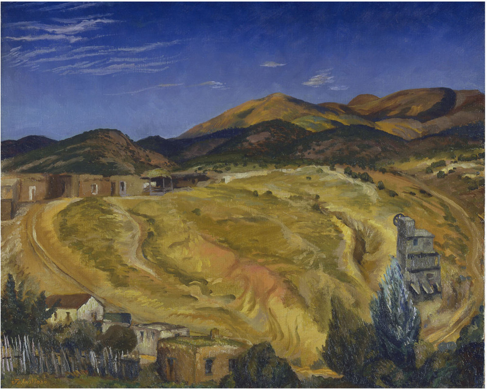 Painting of yellow field, mountains, houses in foreground, bright blue sky