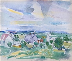 Watercolor landscape of houses, trees, and blue sky with yellow marks