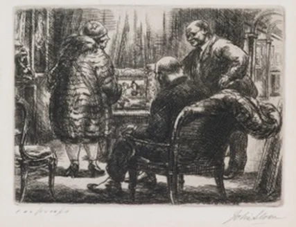 John Sloan’s Kraushaar’s - drawing of three figures (one seated, two standing) looking at art