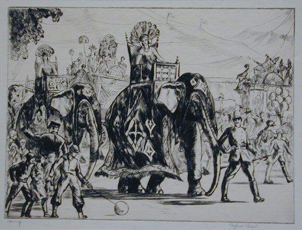 Etching of women in headdresses riding elephants with guides