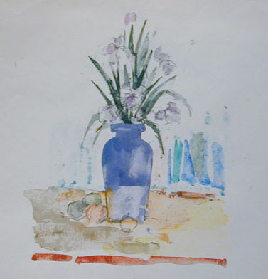 watercolor of purple vase with purple flowers on yellow table