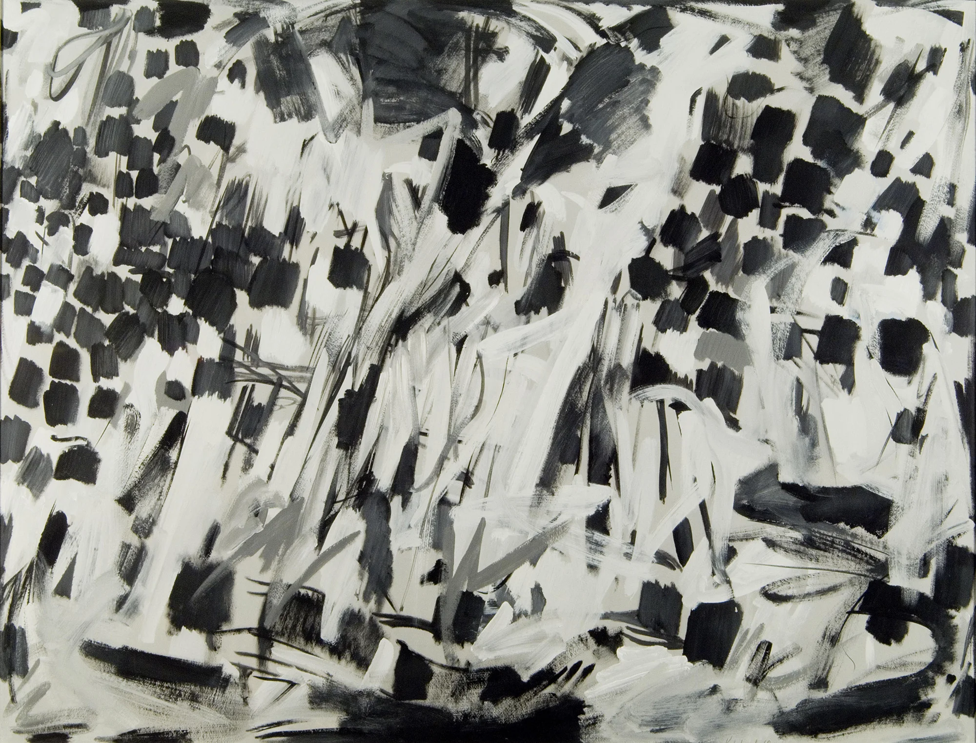 Abstract image of black, white, and grey brushstrokes. Top right and left with wider black brushstrokes.