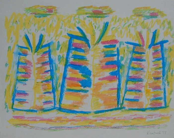 Abstract craypas drawing of blue shapes containing blue, pink, yellow, and orange lines with surrounding yellow markings