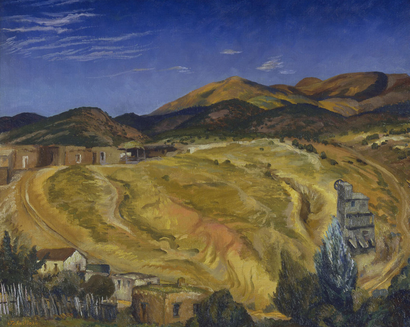 Painting of yellow field, mountains, houses in foreground, bright blue sky