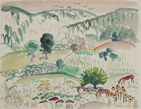 Watercolor of landscape with loose brushstrokes, horses in foreground, trees, and hills