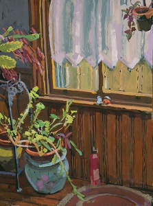 Painting of plants - on on table, one on floor, one hanging in window with curtain