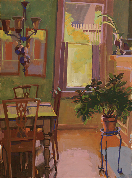 Painting of dining table with chairs, a window in background, and a plant on iron table in foreground