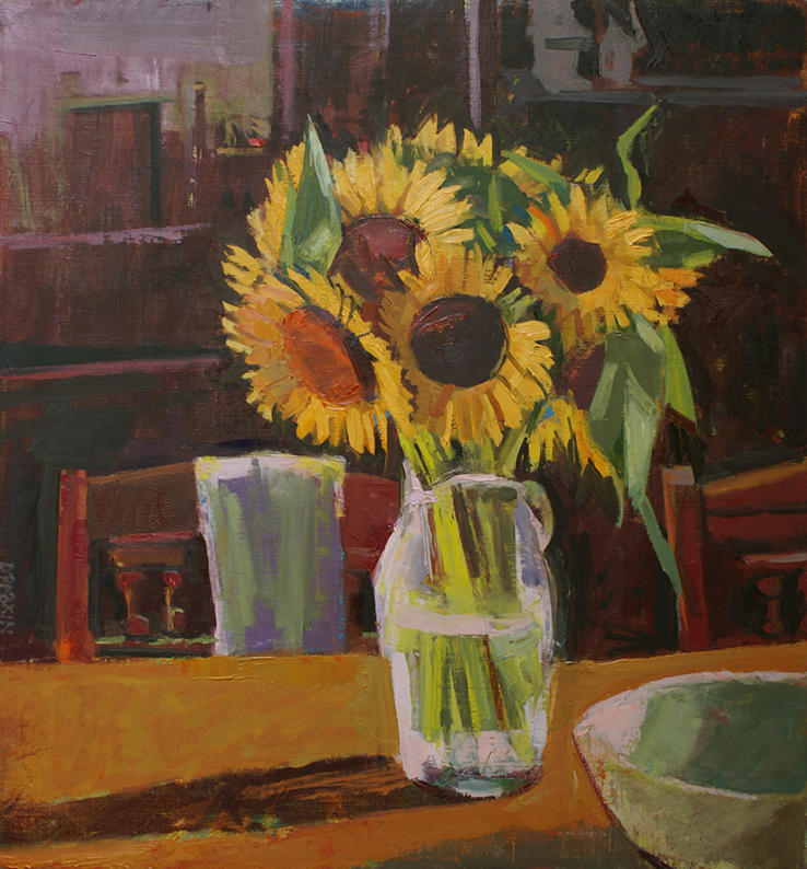 Painting of sunflowers in vase with shadow on table