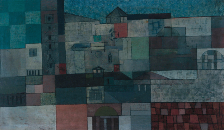 Geometric painting of Italian landscape with blue, green, grey, and red brick blocks