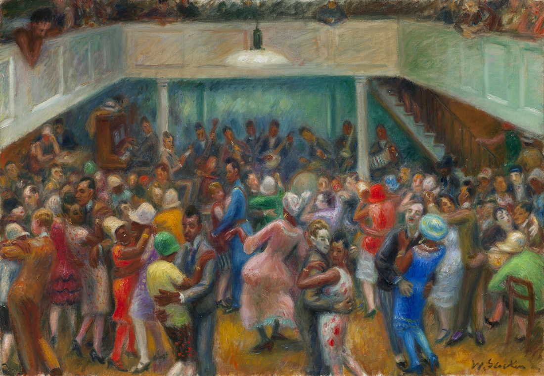 Drawing of dance hall with many people dancing on dance floor and mezzanine