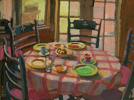 Painting of circular dining table with checkered tablecloth, plates on table, and four chairs